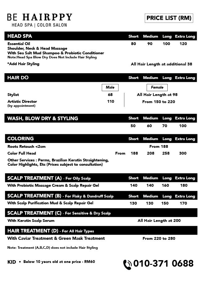 BeHairppy head spa, hair colouring, and treatment price list, May 2026, Kuala Lumpur