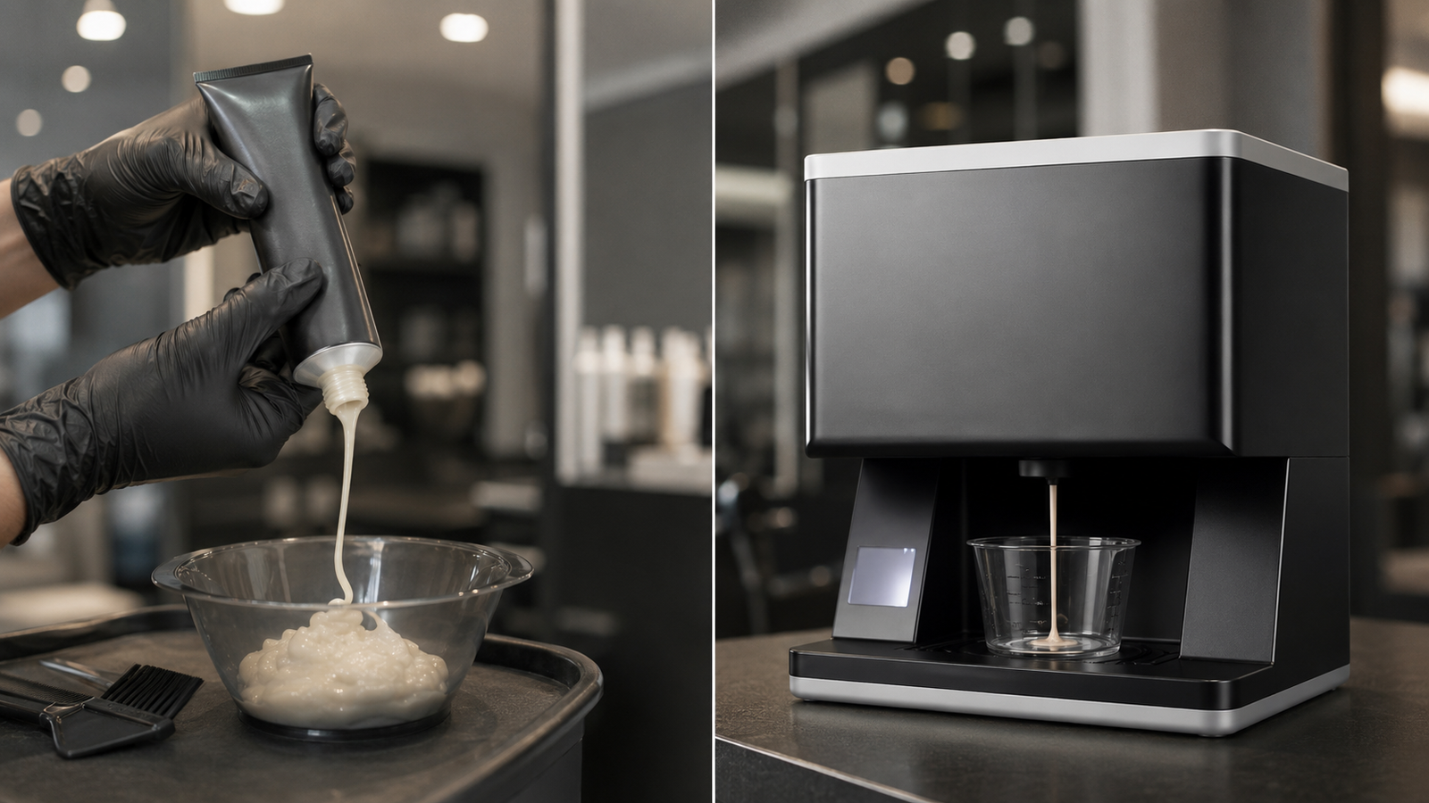 Side by side comparison of manual hair color mixing in a bowl versus a digital dispenser measuring precise color into a measuring cup