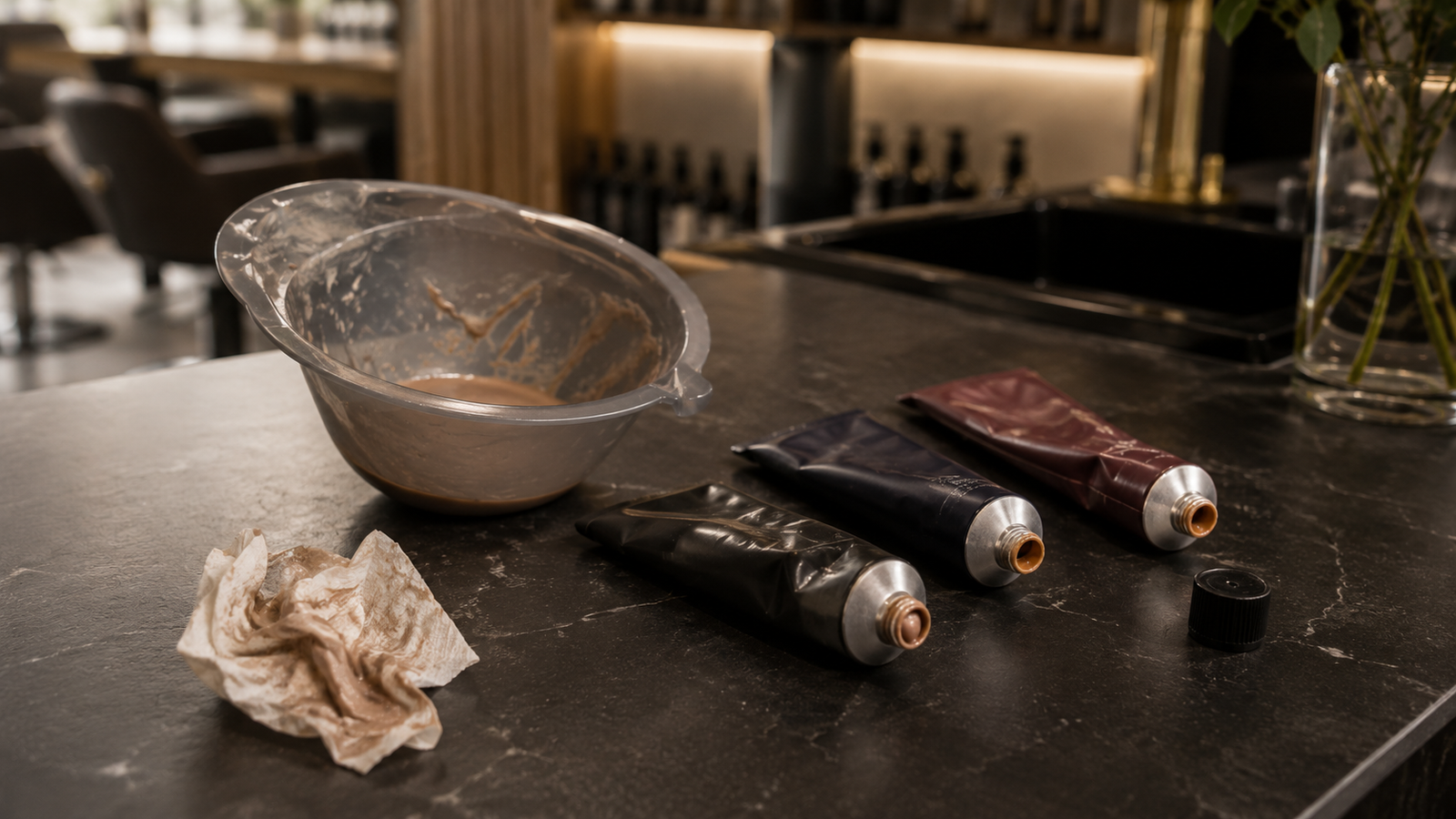 Wet hair colour mixing bowl with leftover residue, partially used colour tubes, and a stained paper towel on a Malaysian salon counter, illustrating the hidden waste of manual hair color mixing