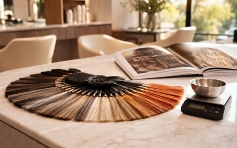 2026 hair colour trend shades on a salon swatch fan, ash brown through copper, on a marble counter