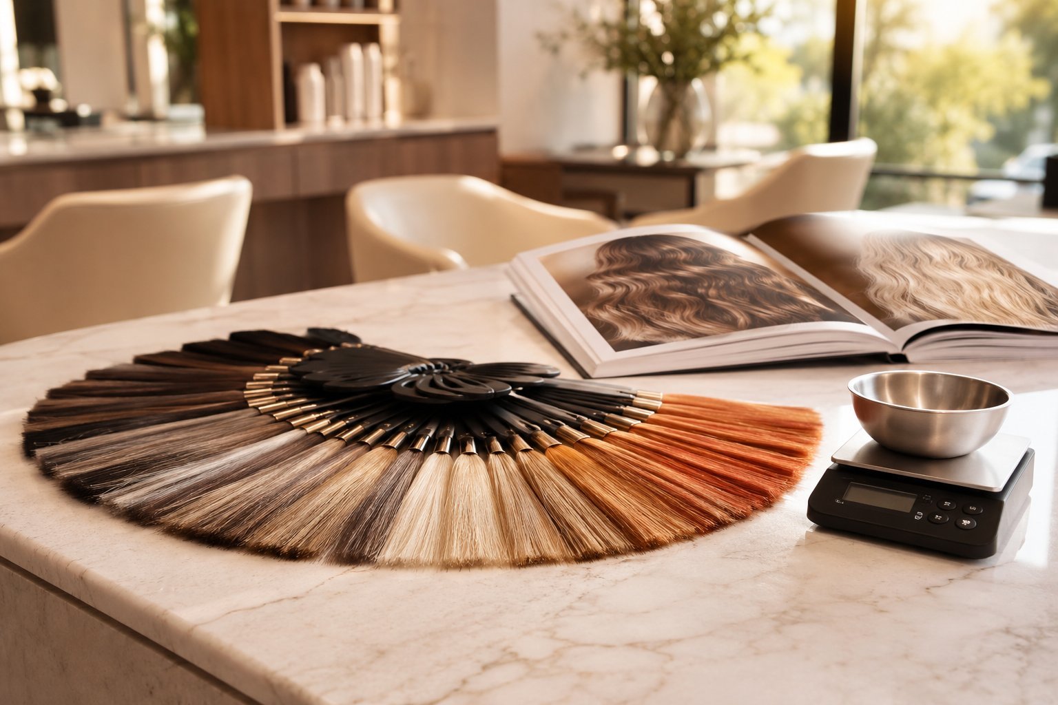 2026 hair colour trend shades on a salon swatch fan, ash brown through copper, on a marble counter