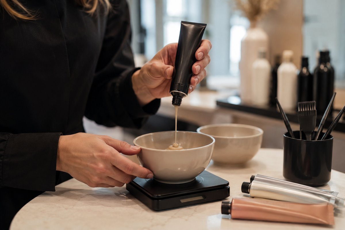 Hairstylist weighing hair colour on a digital scale for consistent results across stylists