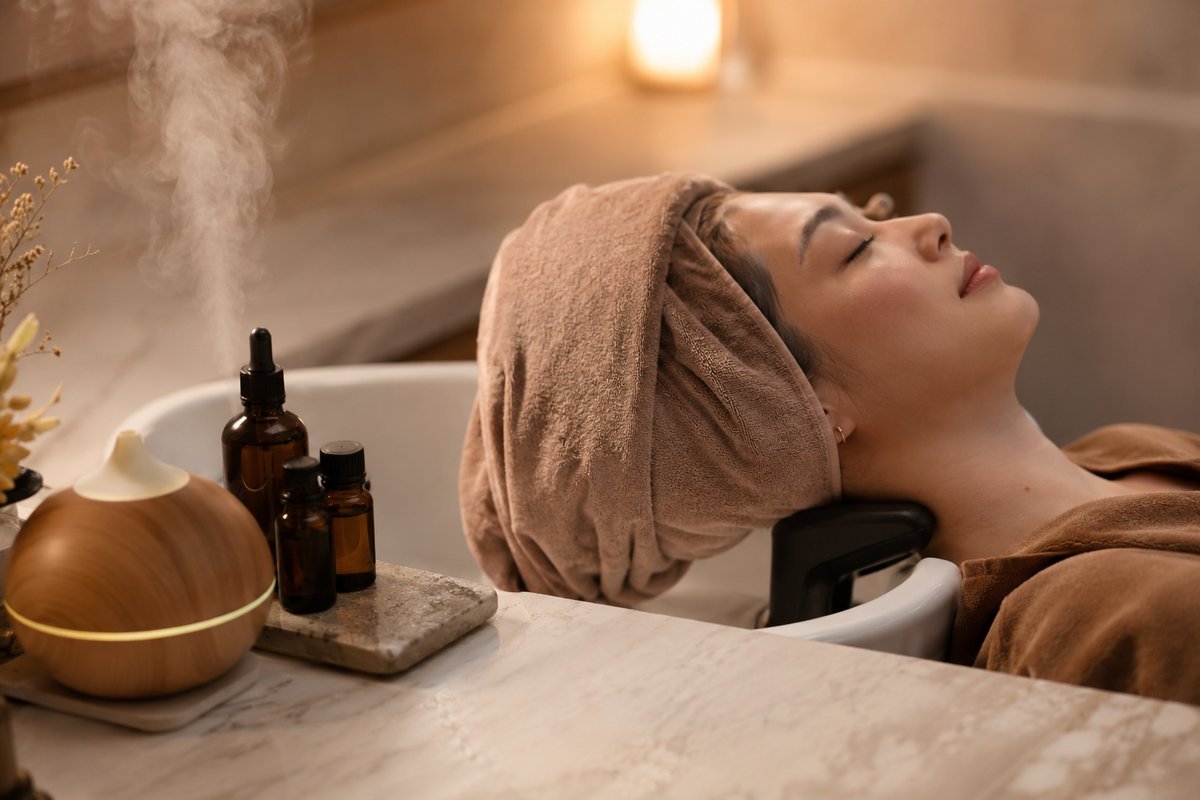 Aromatherapy head spa relaxation with essential oils and a warm towel in KL