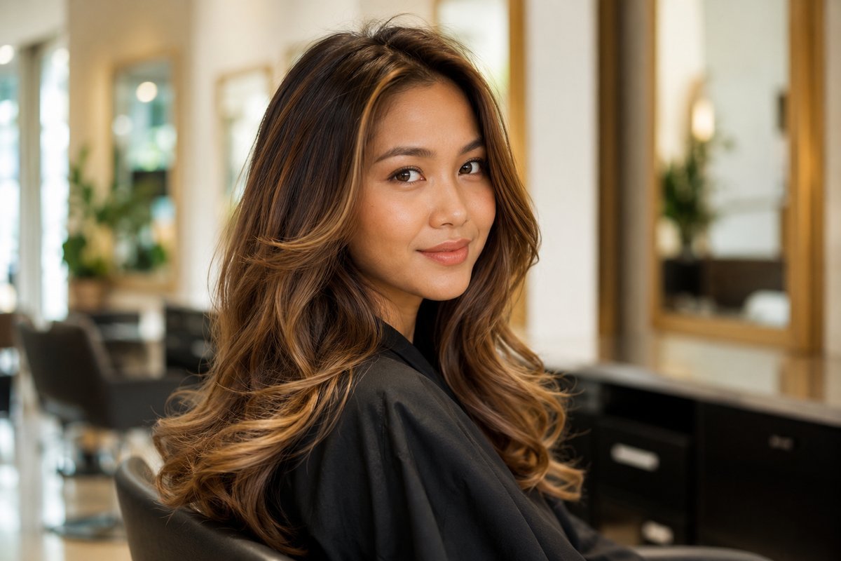 Caramel brown hair colour on warm Malaysian skin tone