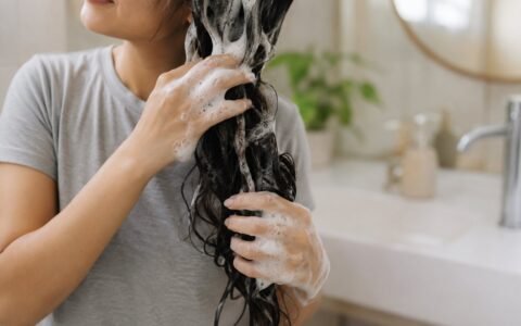 Wanita membasuh rambut di rumah sambil mengurut syampu ke kulit kepala dengan hujung jari