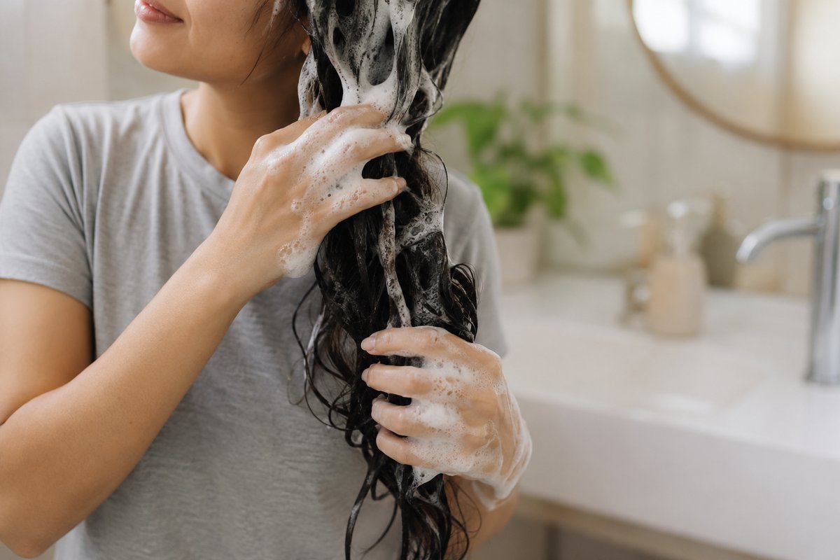 Wanita membasuh rambut di rumah sambil mengurut syampu ke kulit kepala dengan hujung jari