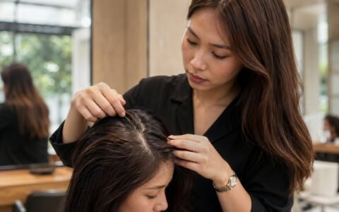 Pendandan rambut memeriksa kulit kepala pelanggan di sebuah salon moden di Kuala Lumpur