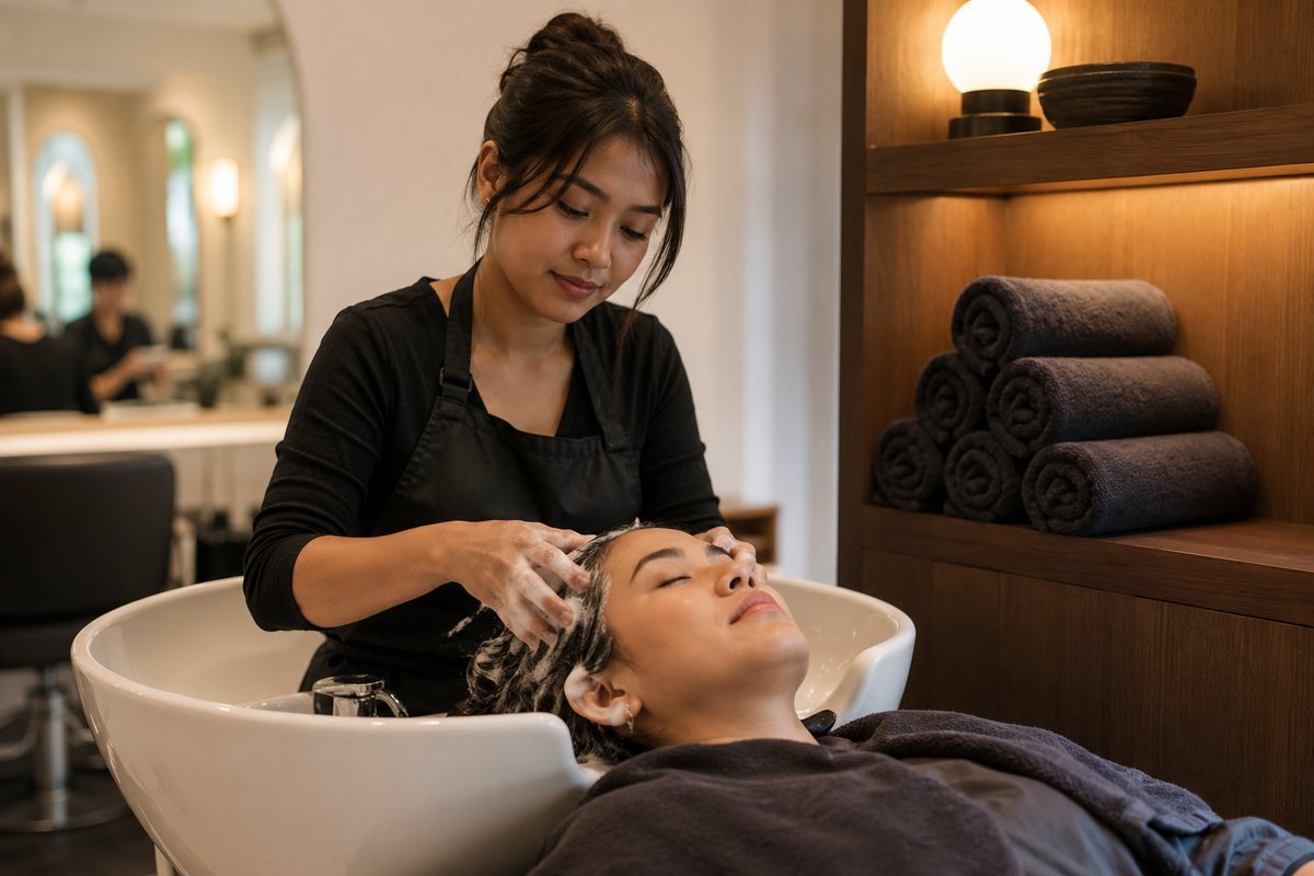 Juruterapi mengurut dan membasuh kulit kepala pelanggan dengan buih di sinki salon di Kuala Lumpur