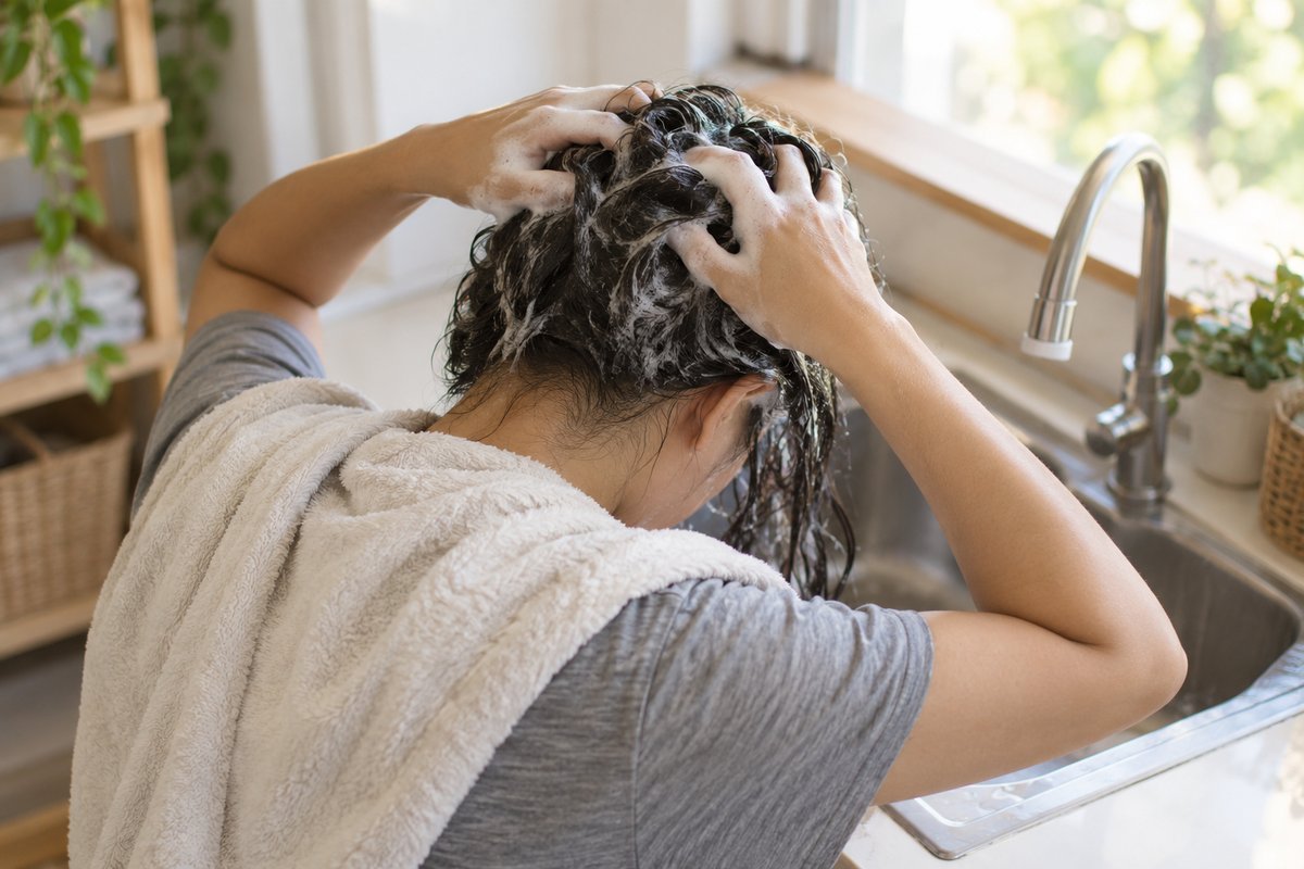 Wanita mengurut syampu ke kulit kepala semasa mencuci rambut di rumah