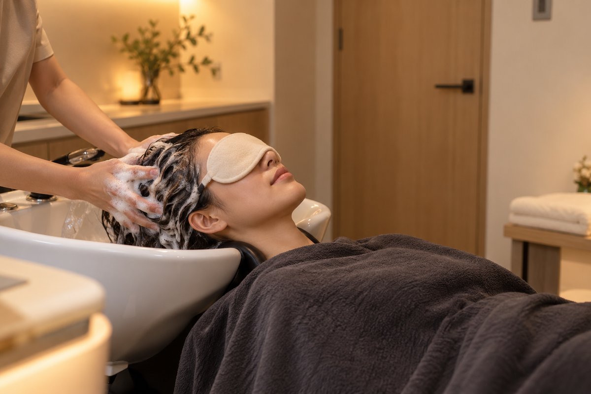 Juruterapi mengurut kulit kepala pelanggan semasa rawatan head spa