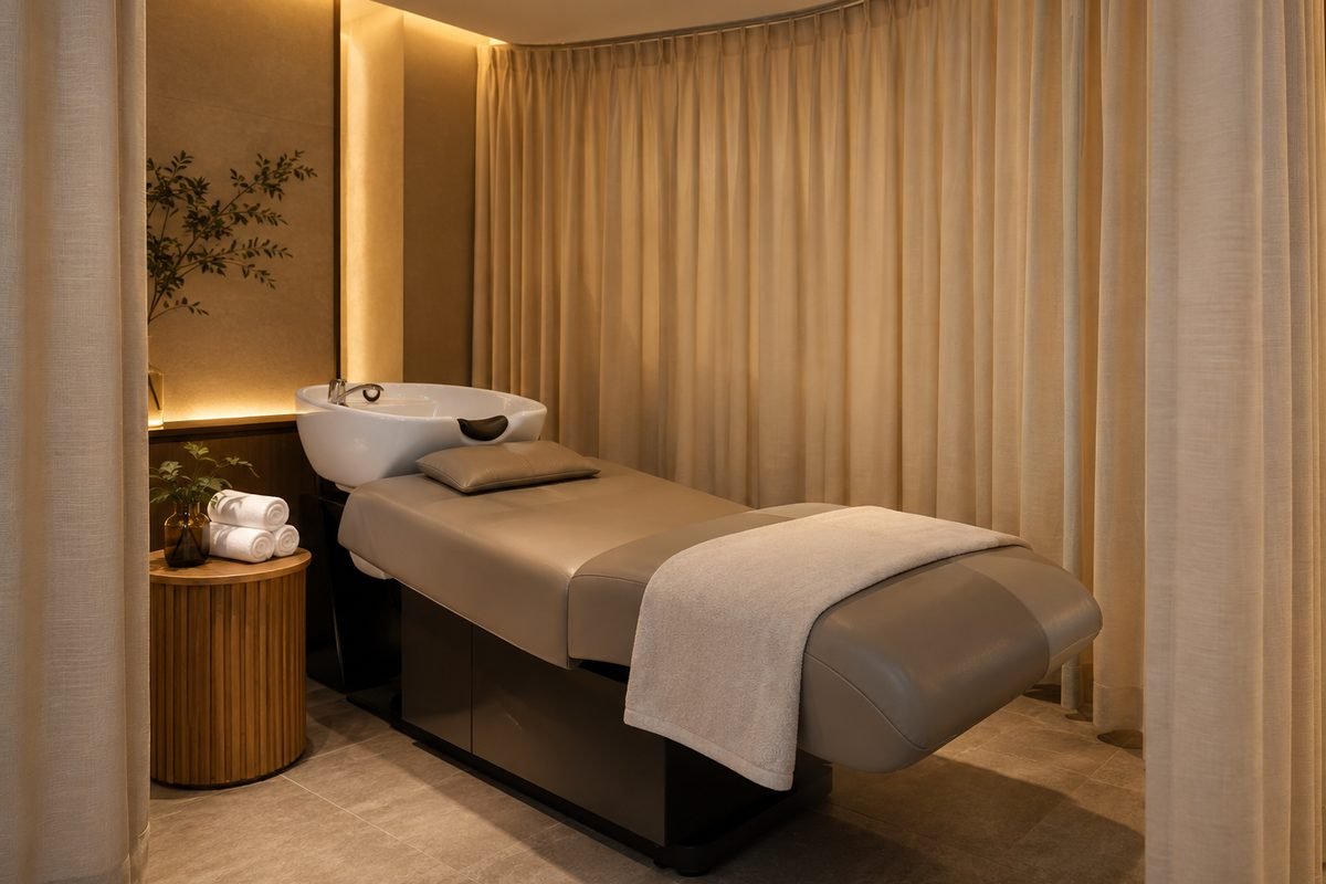 Ruang head spa dengan tirai ditutup untuk privasi
