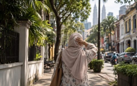 Wanita bertudung berjalan pada petang yang panas di Kuala Lumpur, dilihat dari belakang