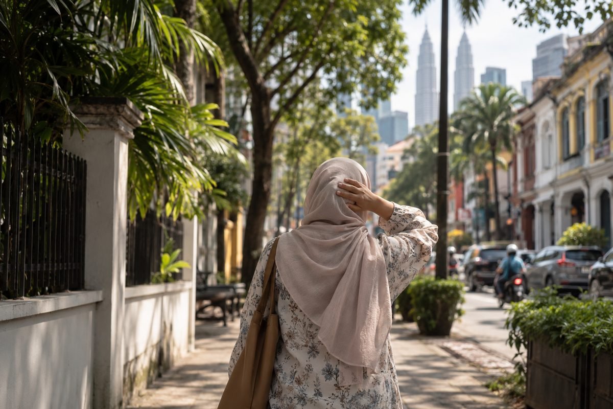 Wanita bertudung berjalan pada petang yang panas di Kuala Lumpur, dilihat dari belakang