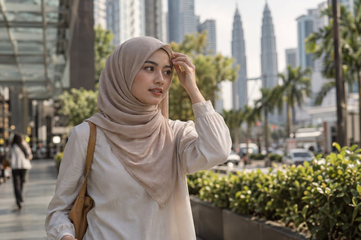 Wanita bertudung berjalan di Kuala Lumpur pada petang yang panas dan lembap